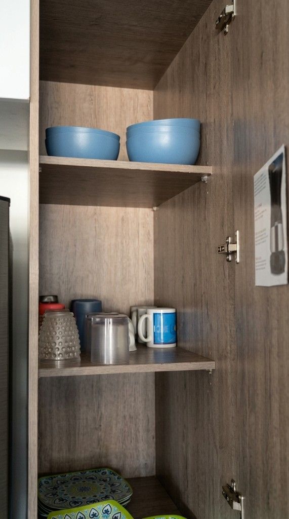Kitchen cabinet with bowls, glasses, mugs, and plates in an El Rodadero vacation rental